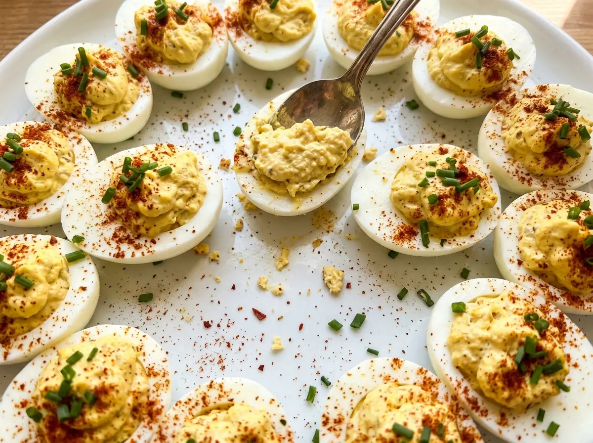 Spicy Deviled Eggs with paprika tops