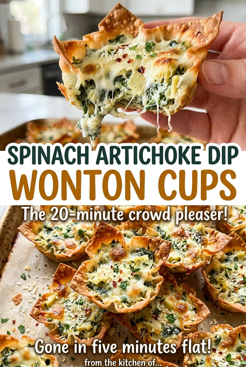 Spinach artichoke dip wonton cups with creamy golden filling