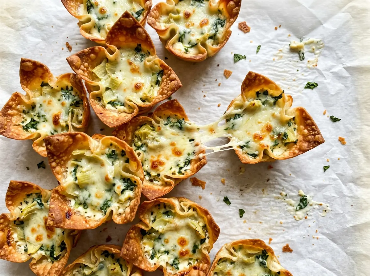 Spinach artichoke dip wonton cups with golden crisp edges