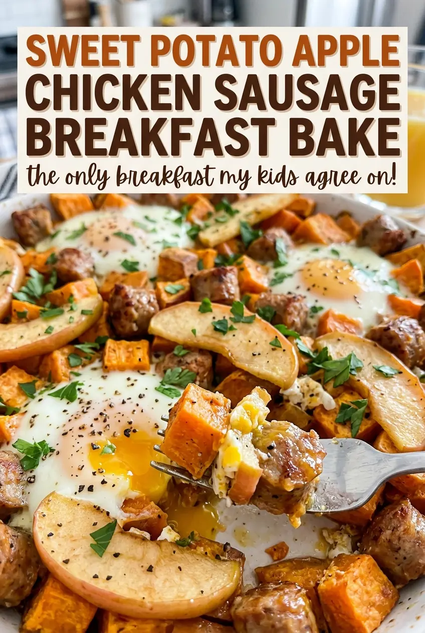 Sweet Potato Apple Chicken Sausage Breakfast Bake with golden, cheesy edges