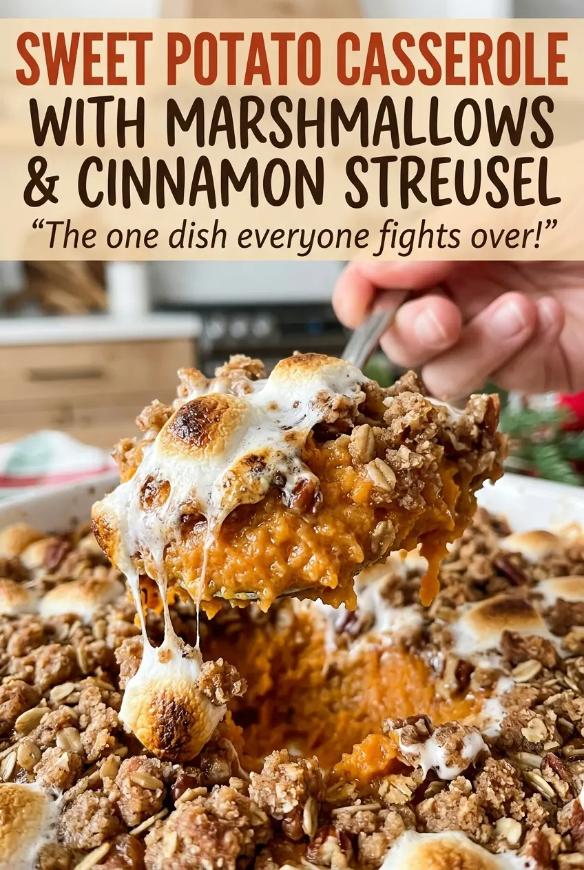 Sweet potato casserole with marshmallows and cinnamon streusel, fluffy marshmallow topping