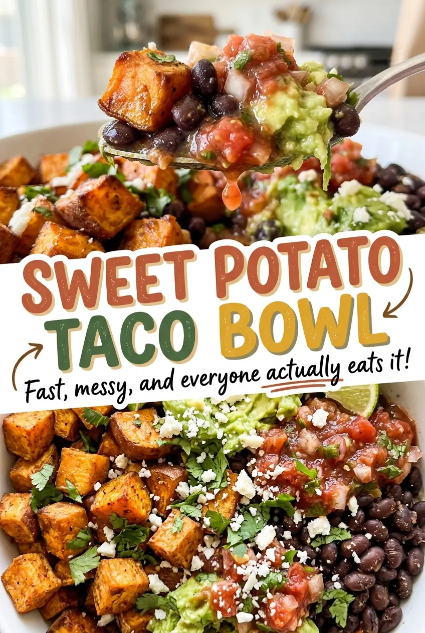 Sweet Potato Taco Bowl with bright fresh toppings