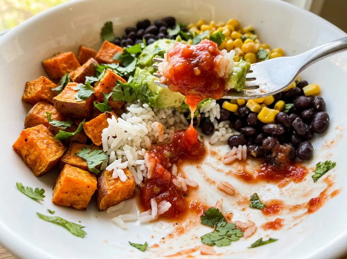 Sweet Potato Taco Bowl with colorful roasted toppings