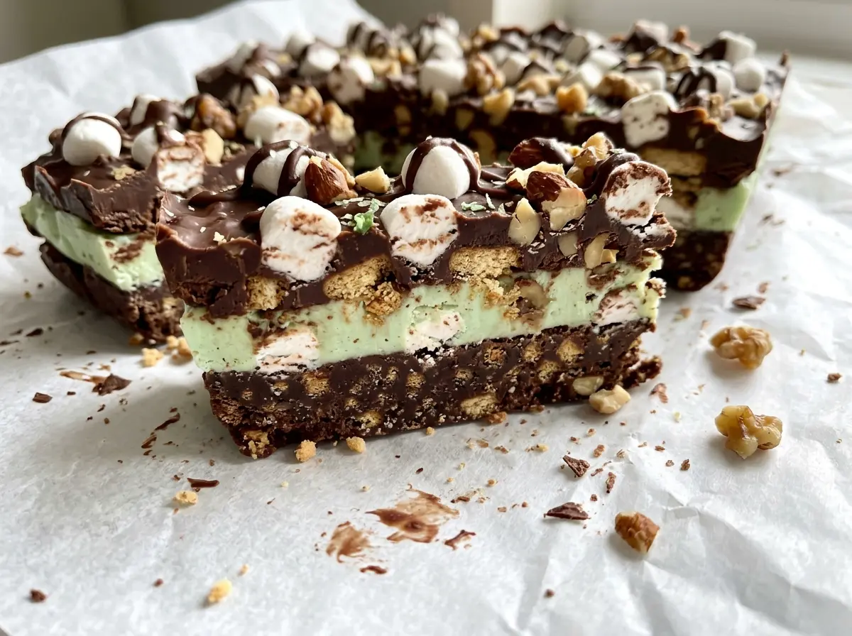 Triple Decker Chocolate Mint Rocky Road cut chocolate bars