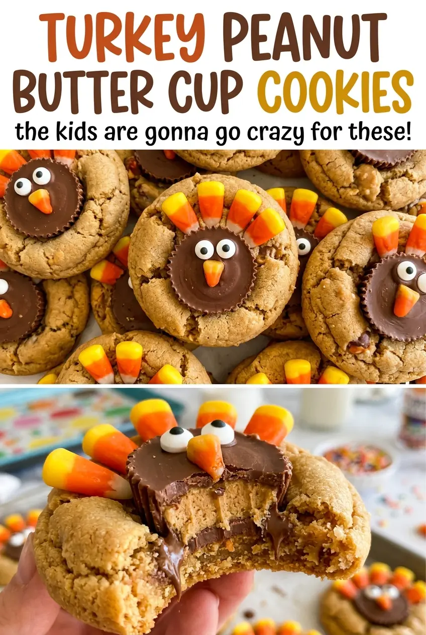 Turkey Peanut Butter Cup Cookies with bright candy faces