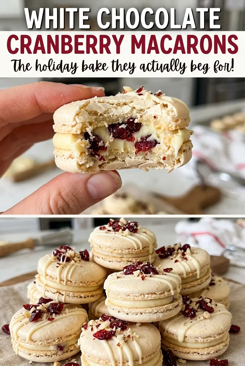 White Chocolate Cranberry Macarons with glossy shells