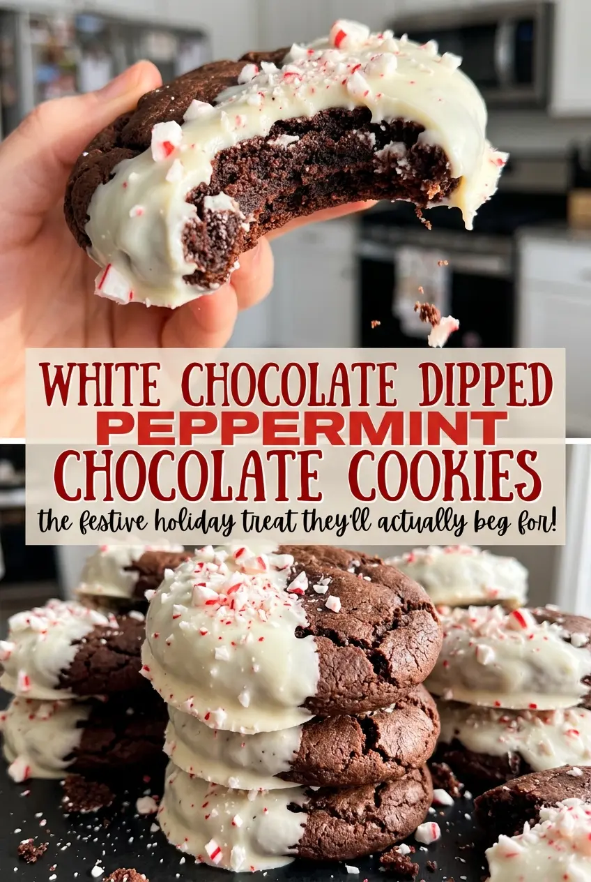 White Chocolate Dipped Peppermint Chocolate Cookies, glossy and minty
