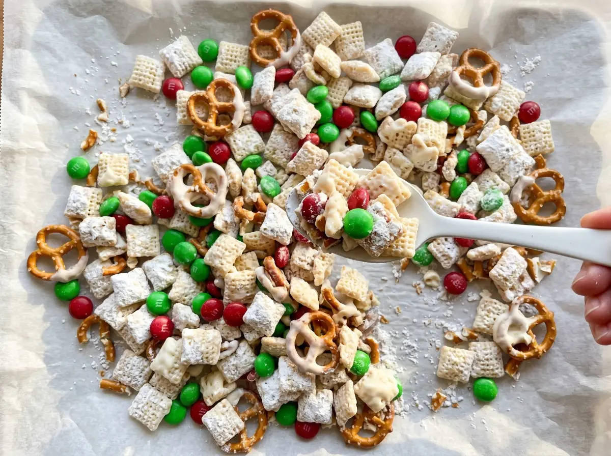 White Chocolate Reindeer Chow powdered sugar coated